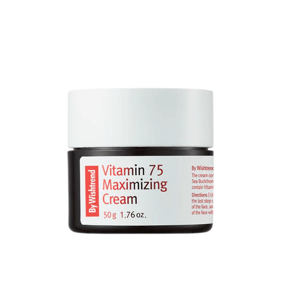 By Wishtrend Vitamin 75 Maximizing Cream cremet tekstur i krukke, som absorberes hurtigt og fugter huden uden at føles tung.