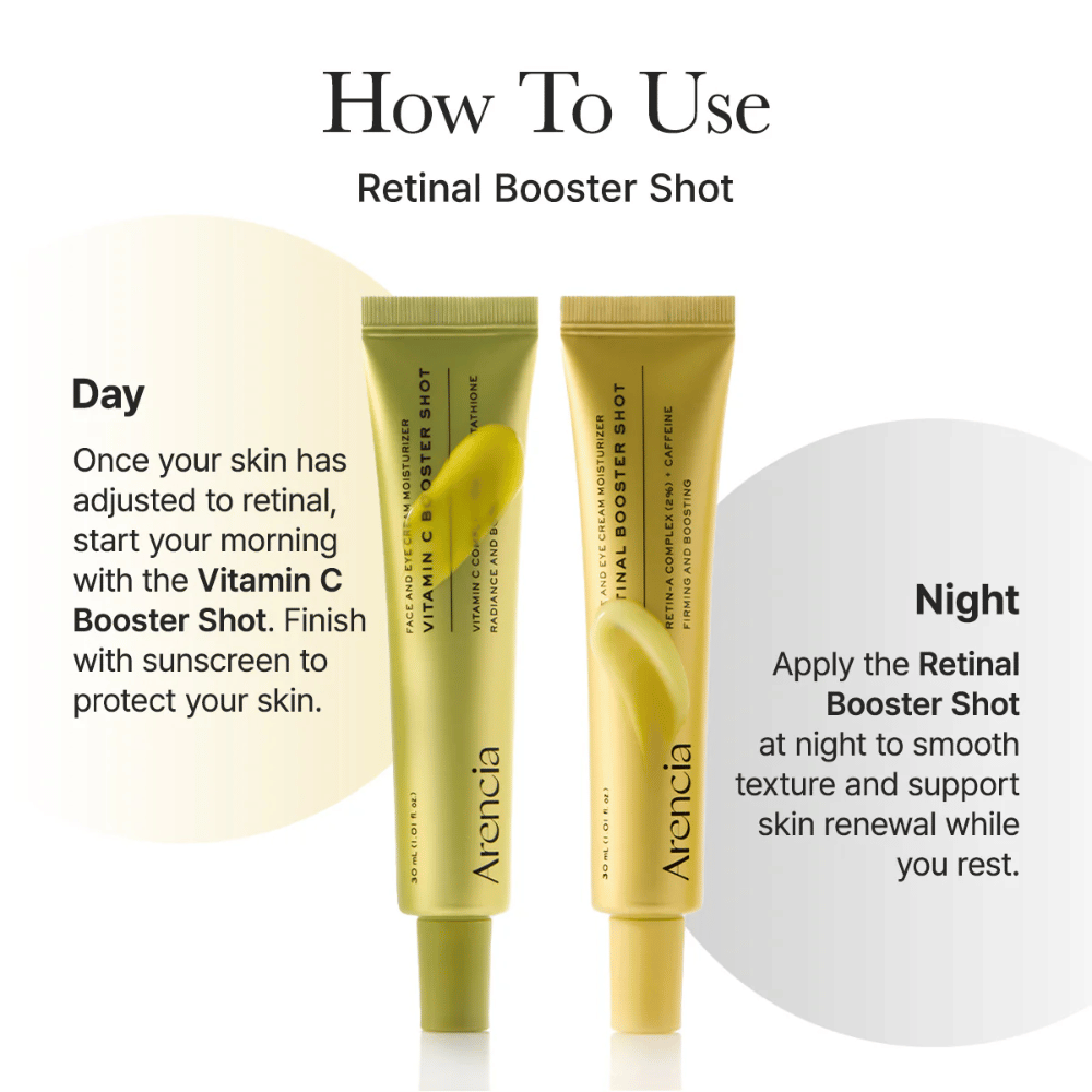 Sådan bruger du Arencia Vitamin C Booster Shot – vitamin C-serum i morgenrutinen og retinal booster om aftenen for jævnere hudtone og bedre glød
