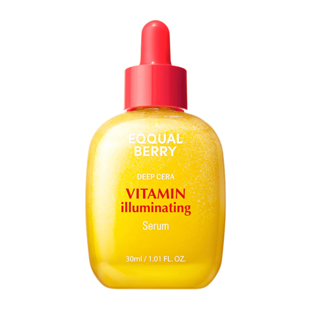 Equal Berry Vitamin Illuminating Serum i en gul skinnende flaske med rød pipette. Giver glød og næring til en strålende hud.