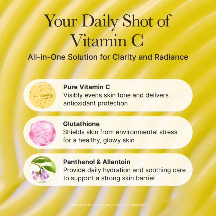 Arencia Vitamin C Booster Shot ingrediensoversigt – vitamin C, der jævner hudtonen, glutathione med antioxidativ effekt samt panthenol og allantoin, der fugter og beroliger huden