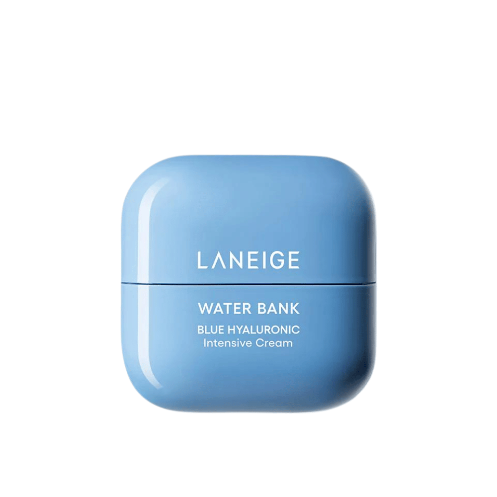 LANEIGE Water Bank Blue Hyaluronic Intensive Cream i blå rundet dåse, frilagt mod hvid baggrund.