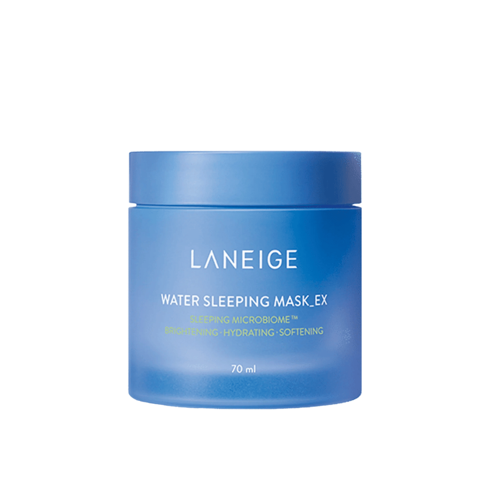 LANEIGE Water Sleeping Mask_EX i blå krukke med hvid og grøn tekst, fritlagt mod hvid baggrund.