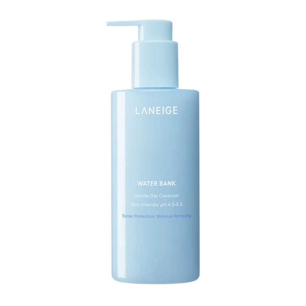 LANEIGE Water Bank Gentle Gel Cleanser i lyseblå pumpeflaske med hvid tekst, frilagt mod hvid baggrund.