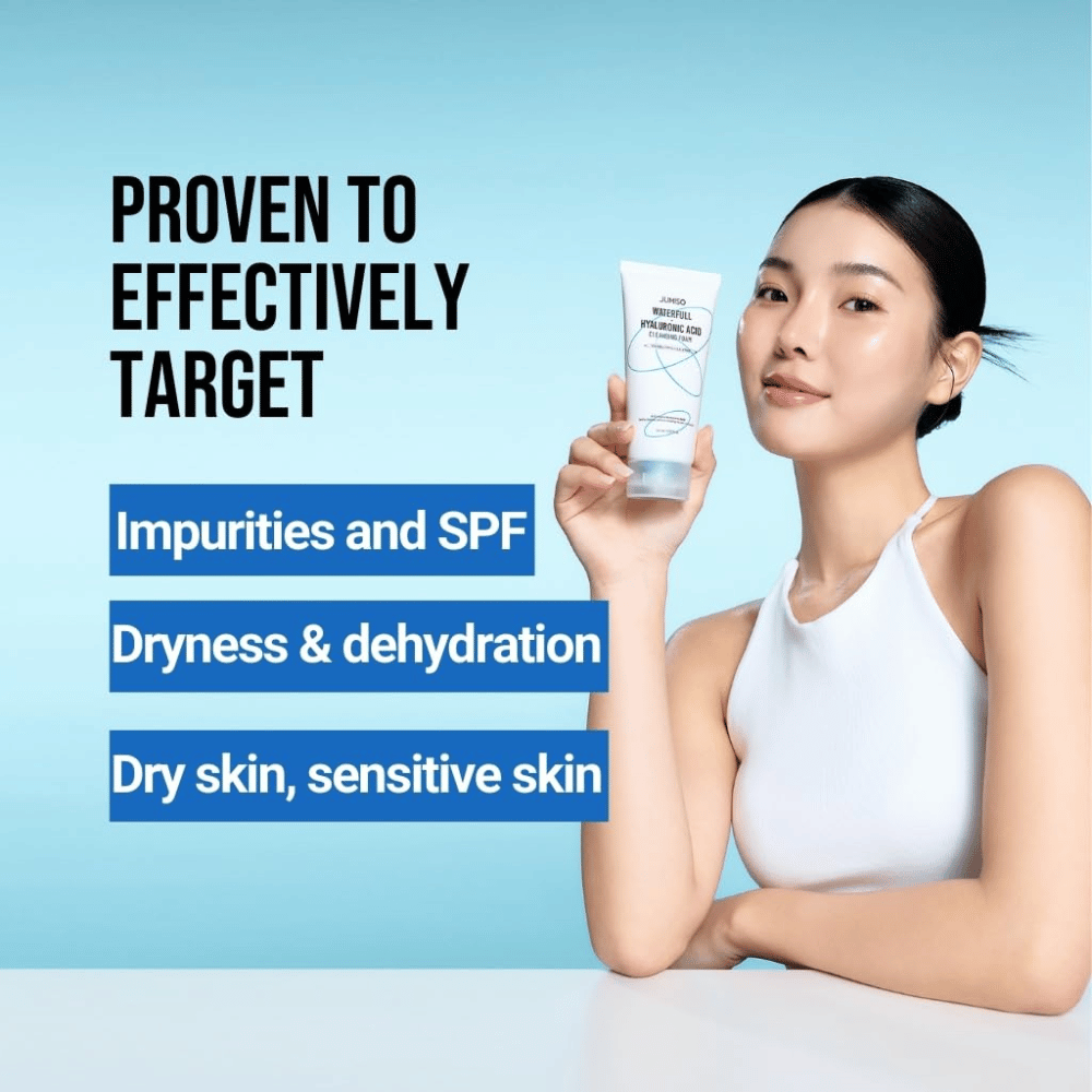 Person med klar og fugtet hud holder Jumiso Waterfull Hyaluronic Acid Cleansing Foam op. Billedet beskriver produktets evne til at målrette urenheder, SPF-rester, tørhed og sensitiv hud.