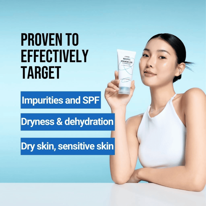 Person med klar og fugtet hud holder Jumiso Waterfull Hyaluronic Acid Cleansing Foam op. Billedet beskriver produktets evne til at målrette urenheder, SPF-rester, tørhed og sensitiv hud.