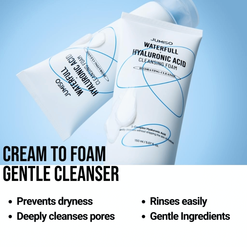 To tuber af Jumiso Waterfull Hyaluronic Acid Cleansing Foam mod lyseblå baggrund. Billedet fremhæver en creme-til-skum-rens, der skånsomt renser porer, modvirker tørhed og er let at skylle af.