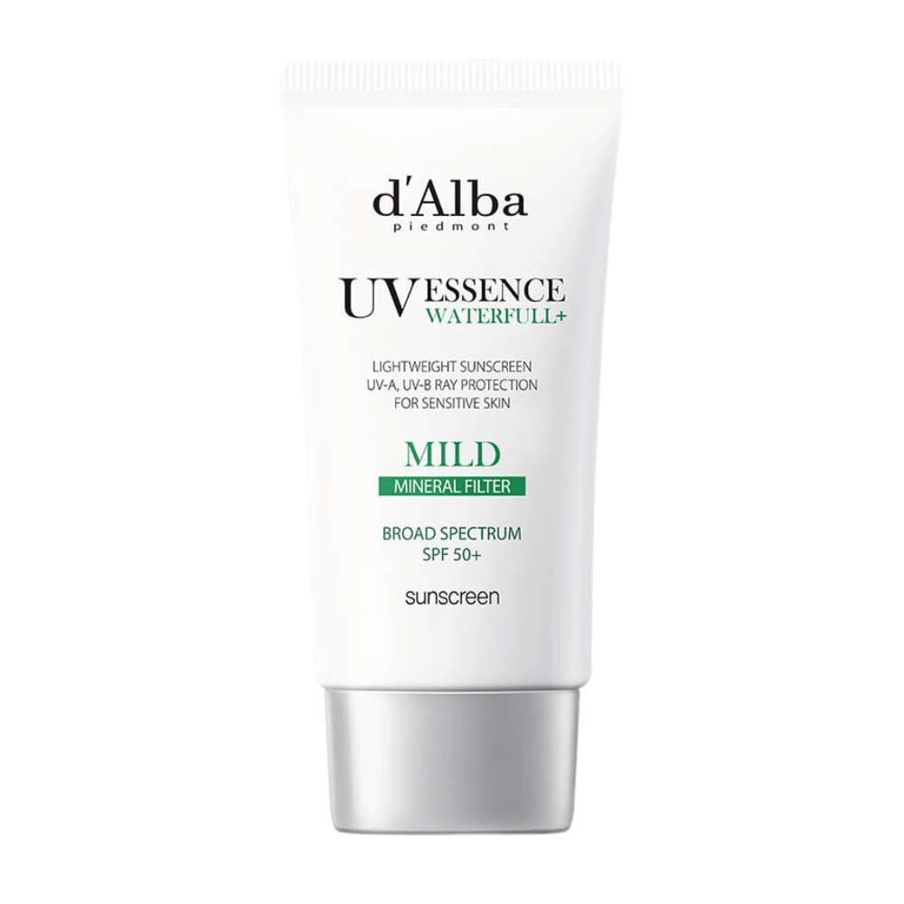 d'Alba Waterfull Mild Sun Cream SPF 50+ – mild solcreme med mineralfilter som beskytter følsom hud mod UVA/UVB. Let, fugtgivende formel i stilren hvid tube.