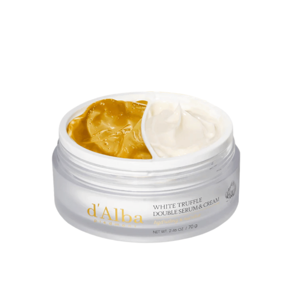 d'Alba White Truffle Double Serum & Cream kombinerer et serum og en creme i en praktisk todelt krukke. Dette produkt giver intensiv fugt og næring takket være hvid trøffel-ekstrakt, hvilket giver huden en strålende og fastere følelse.