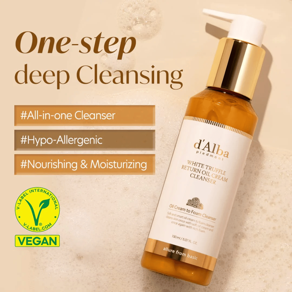 d'Alba White Truffle Return Oil Cream Cleanser er en vegansk, hypoallergen rensecreme med ét-trins dybderensning. Denne alt-i-en renser er nærende og fugtgivende, og omdannes fra olie til skum for effektivt at rense huden og efterlade den blød og frisk.