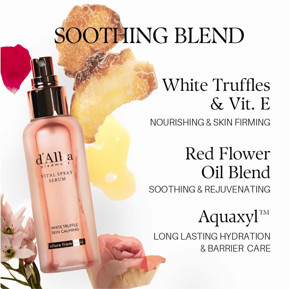 d'Alba White Truffle Vital Spray Serum – hvid trøffel, vitamin E, blomsterolier og Aquaxyl til fugt og barrierepleje