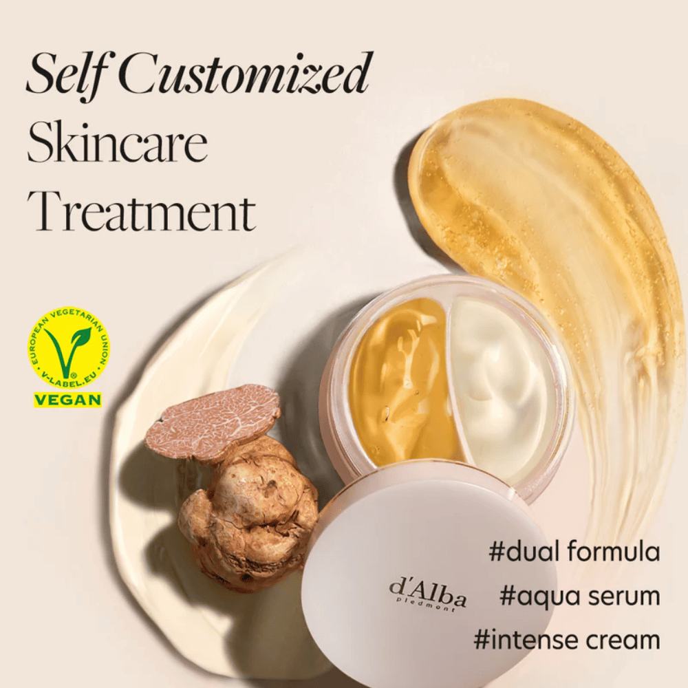 d'Alba White Truffle Double Serum & Cream er et vegansk hudplejeprodukt, der tilbyder en personlig hudplejeoplevelse. Den har en dobbeltformel med både et aqua serum og en intensiv creme, perfekt til at fugte og styrke huden.