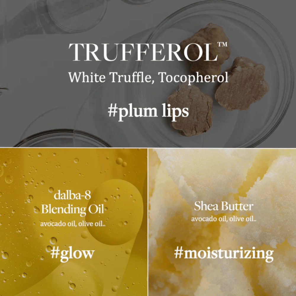 Ingrediensbillede med White Truffle, Tocopherol, Blending Oil og Shea Butter for d'Alba Nourishing Serum Lip Balm, markeret med hashtags #plum lips, #glow og #moisturizing.