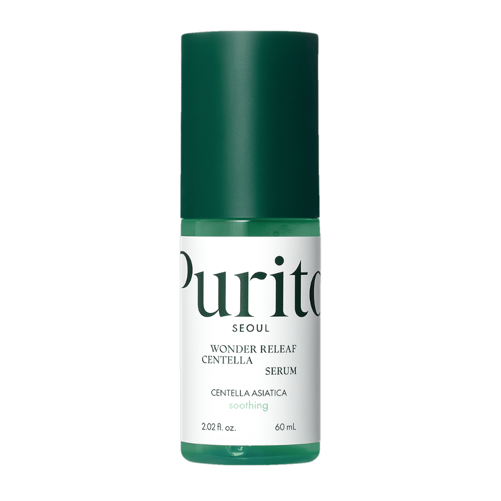Purito Wonder Releaf Centella Serum i en grøn og hvid flaske med 60 ml indhold, centreret mod hvid baggrund.