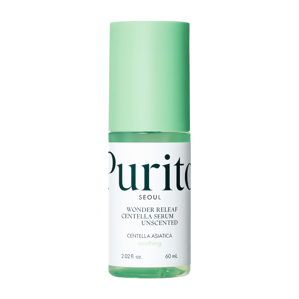 Lukket flaske af Purito Wonder Releaf Centella Serum, duftfri, mod en hvid baggrund.