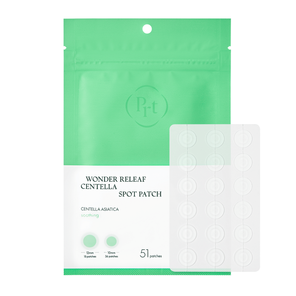 Produktbillede af Purito Wonder Releaf Centella Spot Patch med emballage og 51 gennemsigtige acneplastre i to størrelser til effektiv spot treatment.