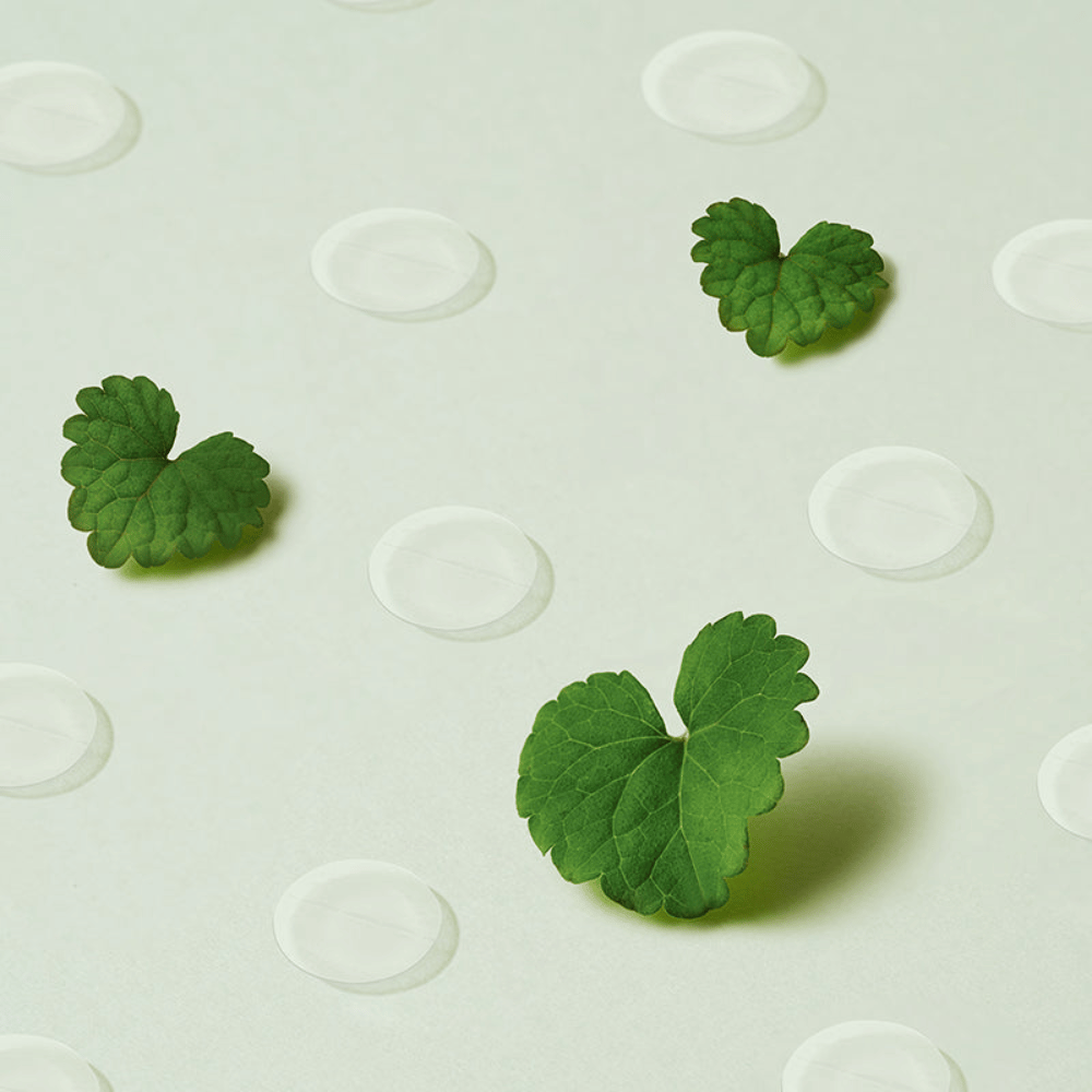 Gennemsigtige spot patches sammen med centella-blade, der illustrerer Purito Wonder Releaf Centella Spot Patch og dens beroligende effekt på betændt og følsom hud.