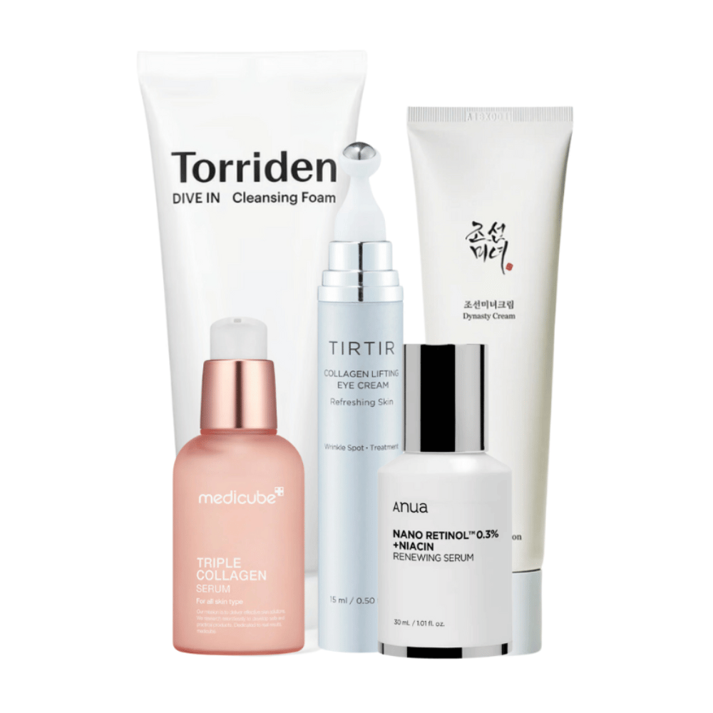 Dette sæt, "Youthful Radiance Anti-Aging Kit", inkluderer en række hudplejeprodukter til at genoplive og pleje moden hud. Sættet indeholder Torriden Dive In Cleansing Foam, Tirtir Collagen Lifting Eye Cream, Medicube Triple Collagen Serum og Anua Nano Retinol 0.3% + Niacin Renewing Serum sammen med Beauty of Joseon Dynasty Cream.
