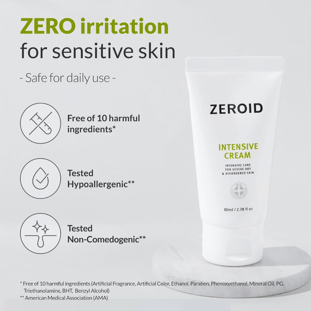 ZEROID Intensive Cream er udviklet til følsom hud og er fri for ti almindeligt forekommende ingredienser, som kan forårsage irritation. Cremen er hypoallergent testet, ikke-komedogen og egner sig til daglig brug.