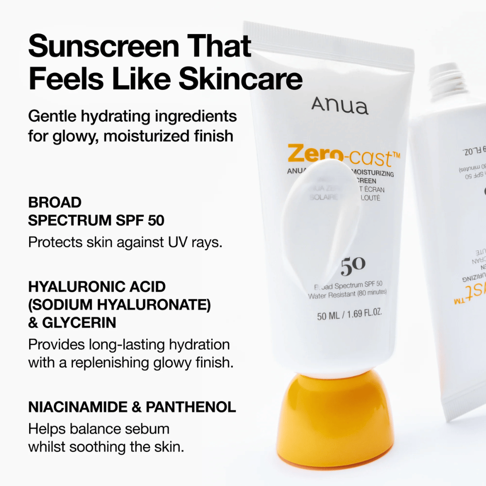 Nærbillede af ANUA Zero-Cast Moisturizing Sunscreen med SPF 50 – solcreme i hvid tube med orange låg, der viser tekst om ingredienser som hyaluronsyre, niacinamid og panthenol for fugtet, beskyttet hud.