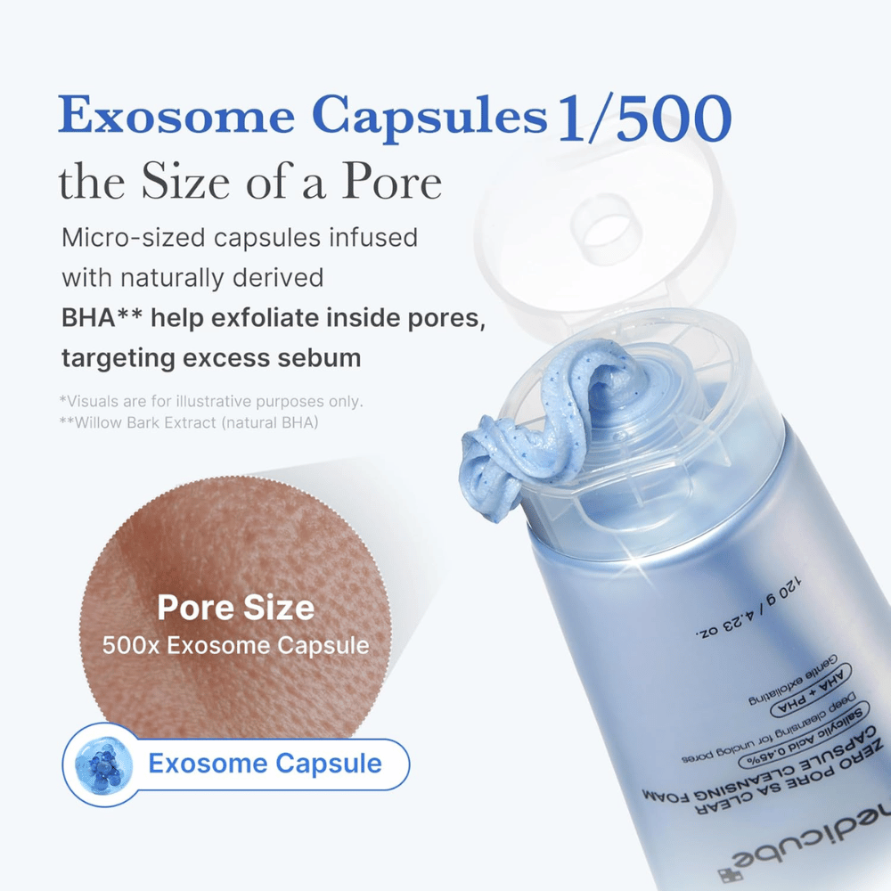 Medicube Zero Pore Capsule Cleansing Foam med exosome-kapsler og BHA, der opløser talg og renser porer uden at tilstoppe huden.