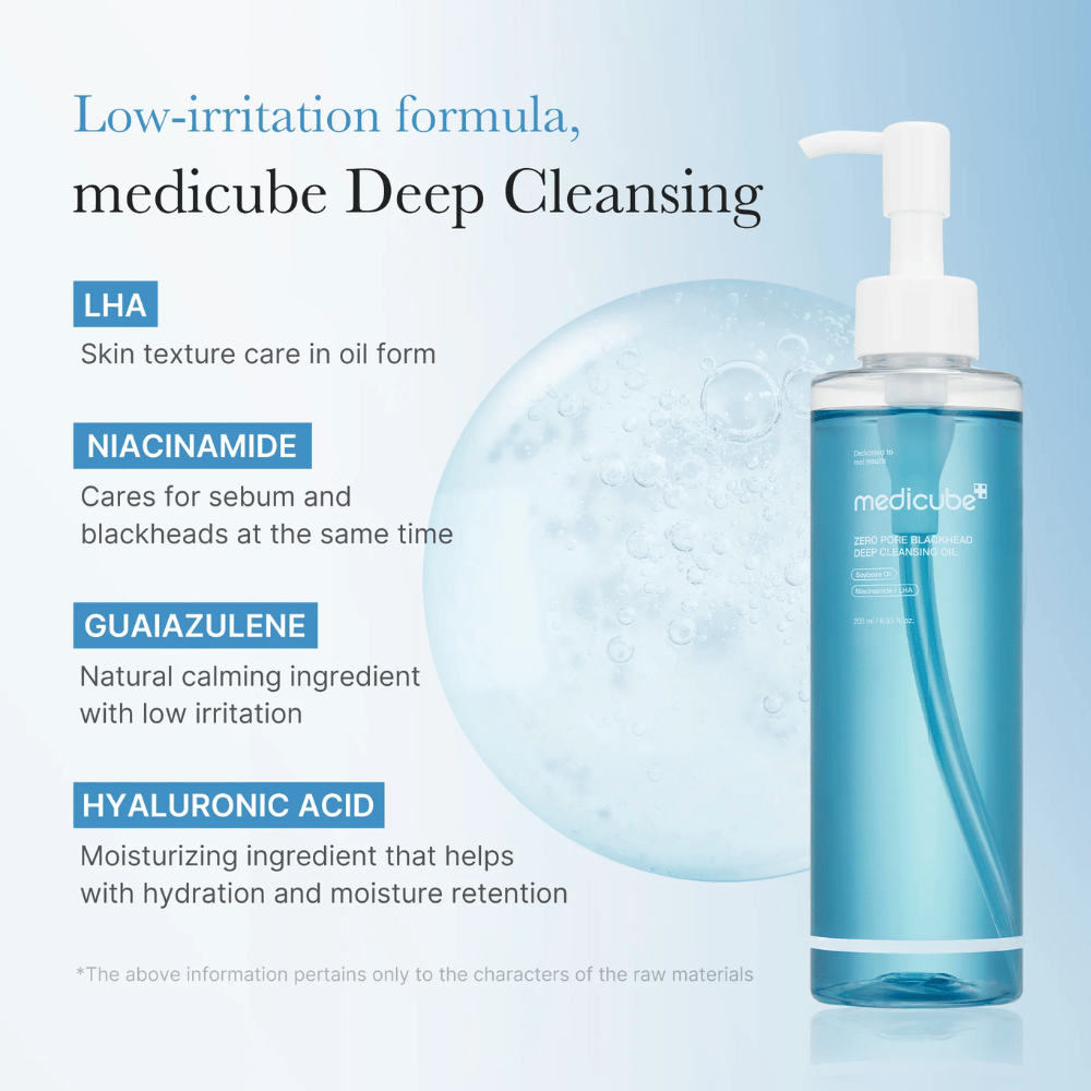 Medicube Zero Pore Blackhead Deep Cleansing Oil med ingredienserne LHA, Niacinamide, Guaiazulene og Hyaluronic Acid præsenteret som nøglefunktioner for skånsom og effektiv rensning.