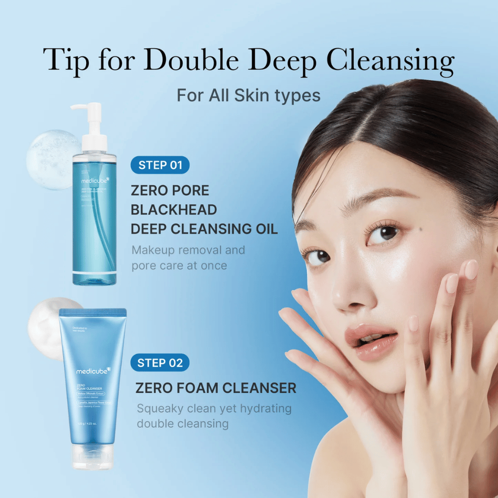 Reklamebillede for Medicube dobbeltrensning med Zero Pore Blackhead Deep Cleansing Oil og Zero Foam Cleanser, sammen med en kvinde, der viser sin rene og fugtede hud.