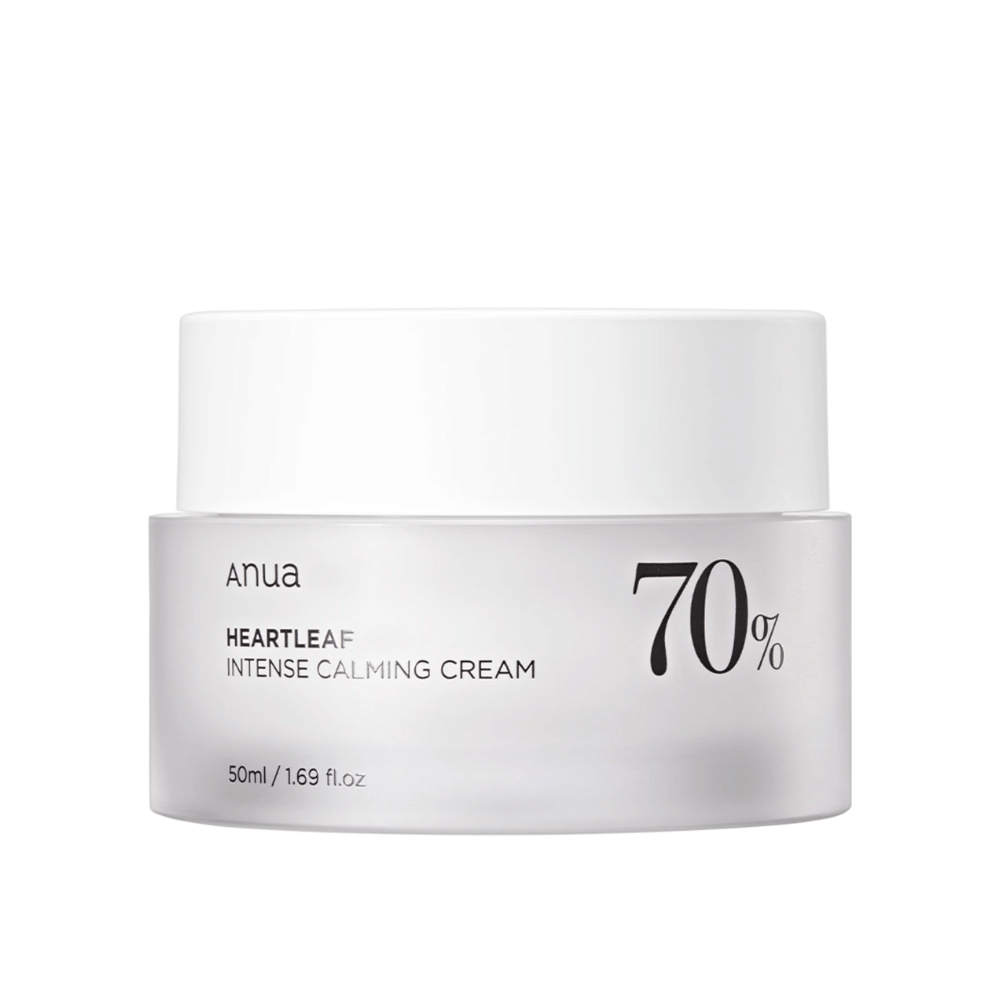 Hvid krukke med "Anua Heartleaf Intense Calming Cream" med "70%"-mærkning, mærket med et volumen på "50ml/1.69 fl.oz."