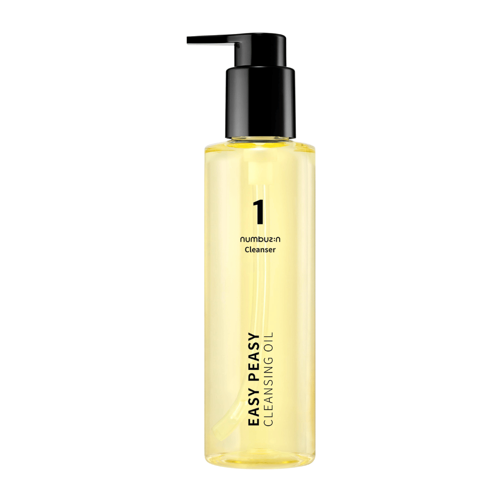 Produktbillede på Numbuzin No.1 Easy Peasy Cleansing Oil, gennemsigtig pumpeflaske med sort låg mod hvid baggrund.