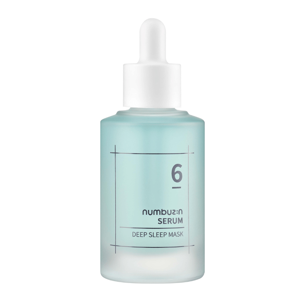 numbuzin No. 6 Deep Sleep Mask Serum i blå frostad flaske med pipette, designet til dybt fugtgivende hudpleje.