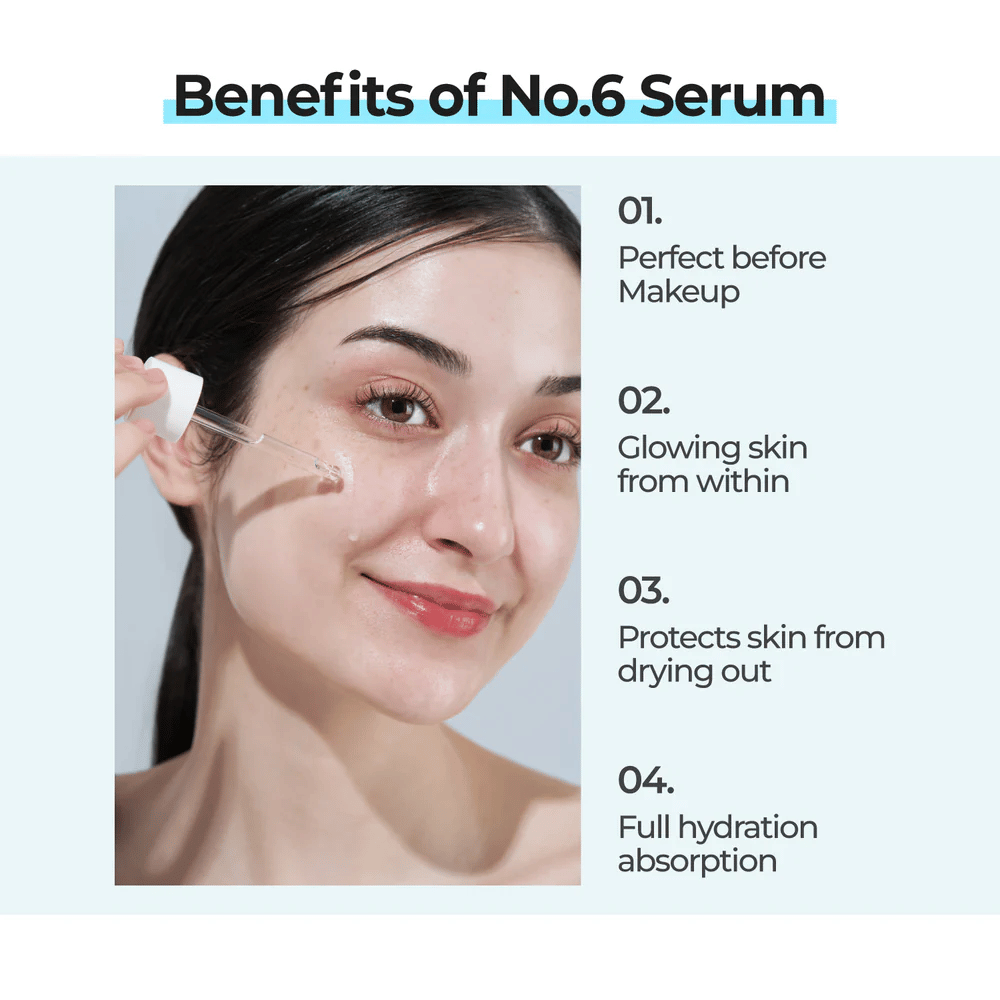 Kvinde anvender numbuzin No. 6 Deep Sleep Mask Serum med pipette, som giver glød, beskytter mod tørhed og absorberes fuldt af huden.