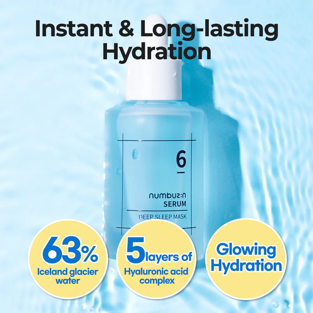 numbuzin No. 6 Deep Sleep Mask Serum med 63% gletsjervand og 5 lag hyaluronsyre, for intensiv og langvarig fugtgivning.