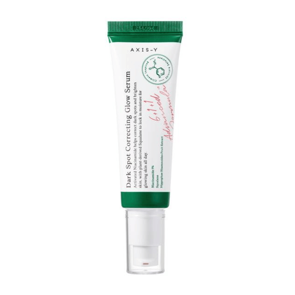 En tube Dark Spot Correcting Glow Serum 50ml fra AXIS - Y på hvid baggrund.