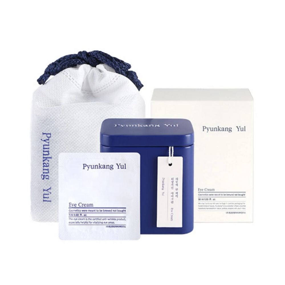 En pakke med en blå pose og en hvid kasse til Pyunkang Yul Eye Cream 1ml x 50stk.