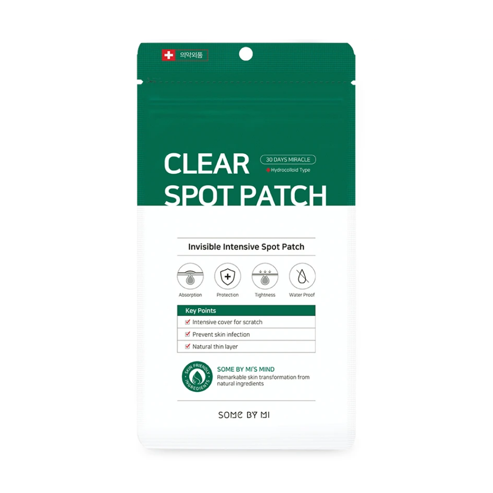 En Some By Mi 30 Days Miracle Clear Spot Patch (18st) på hvid baggrund for akne med evne til at absorbere sårvæske.