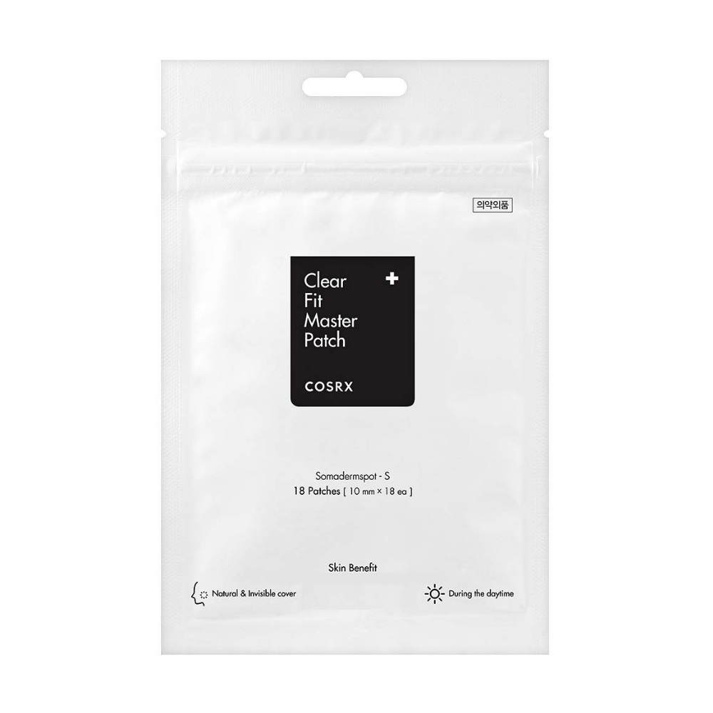 En COSRX Clear Fit Master Patch 18st på en hvid baggrund, som retter sig mod bumser.