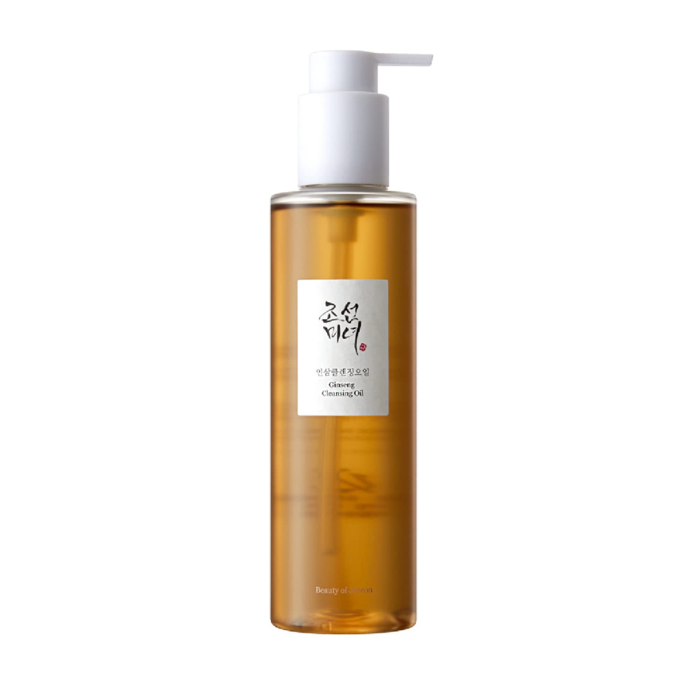 En flaske Beauty of Joseon Ginseng Cleansing Oil 210ml på hvid baggrund, med ginseng-frøolie.
