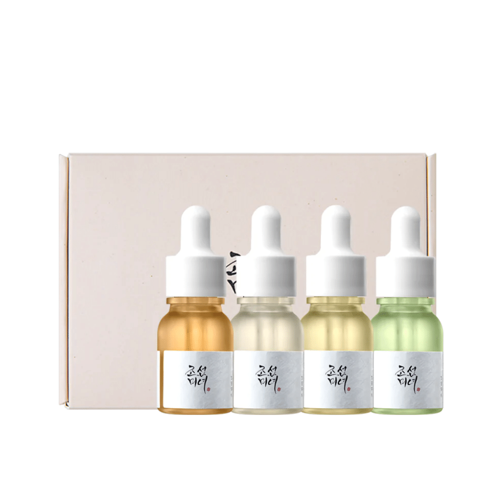 En kasse med tre flasker Hanbang Serum Discovery Kit 4 stk fra Beauty of Joseon, som hver fremmer en ungdommelig glød og reducerer rynker.