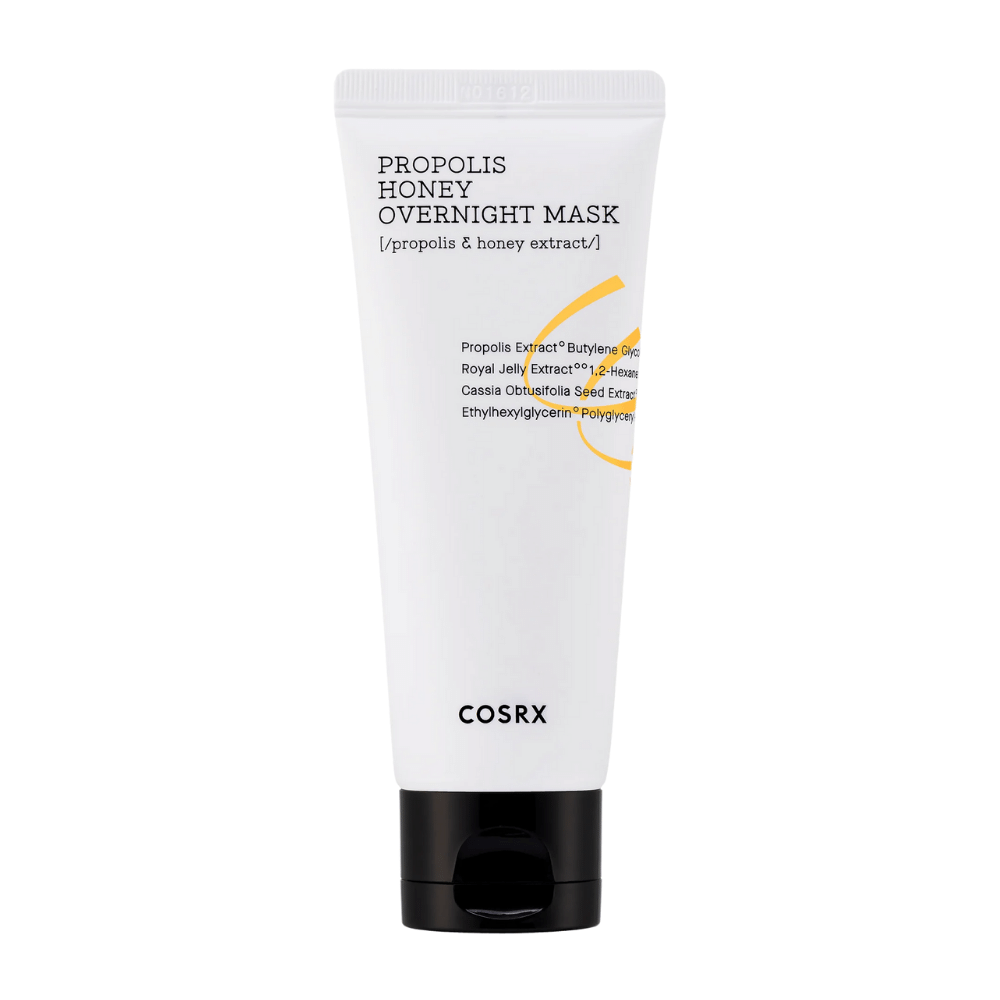 Et hvidt rør med Full Fit Propolis Honey Overnight Mask 60 ml med en hvid baggrund infunderet med propolisekstrakt fra COSRX.