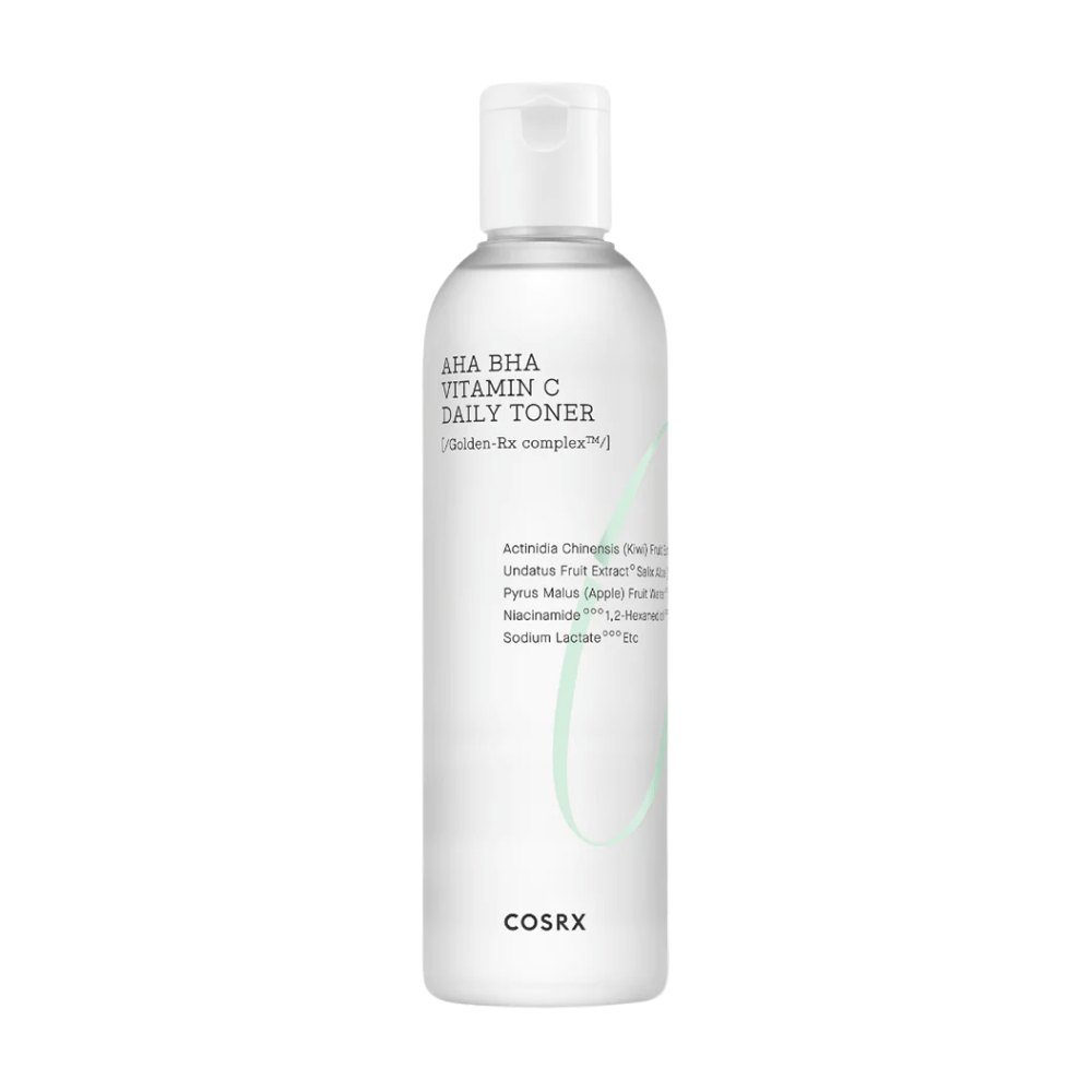 En flaske COSRX Refresh AHA BHA Vitamin C Daily Toner 150ml på hvid baggrund.