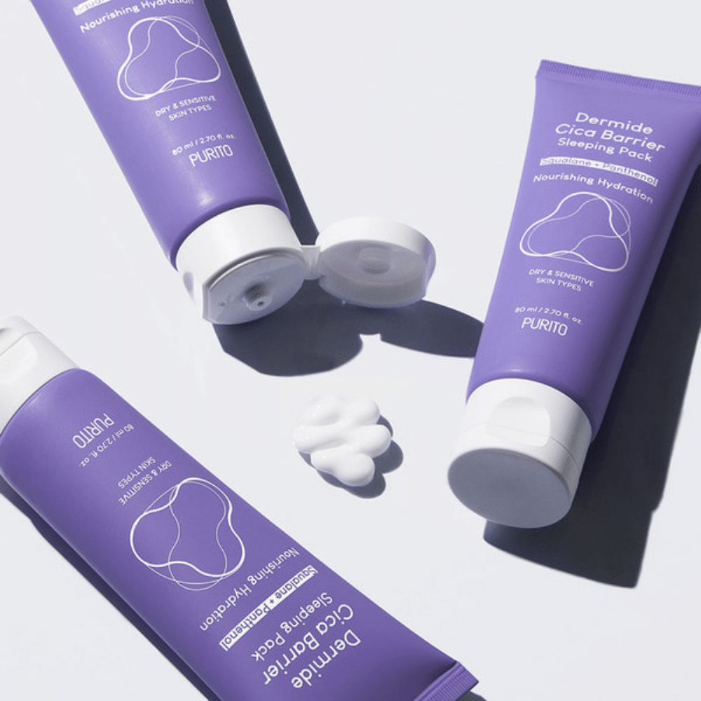 To tuber PURITO Dermide Cica Barrier Sleeping Pack 80ml på en hvid overflade.