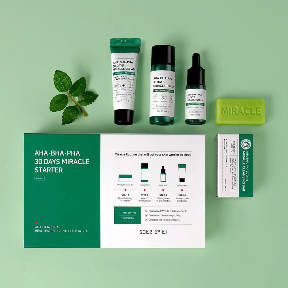 SOME BY MI:s AHA, BHA, PHA 30 Days Miracle Starter Limited Set er en K-beauty koreansk hudpleje med Tea Tree og AHA BHA PHA.