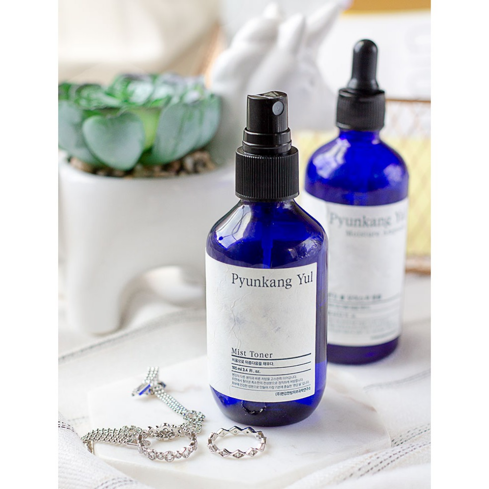 En flaske Pyunkang Yul Mist Toner, en allergivenlig toner, på et bord ved siden af en kaktus.