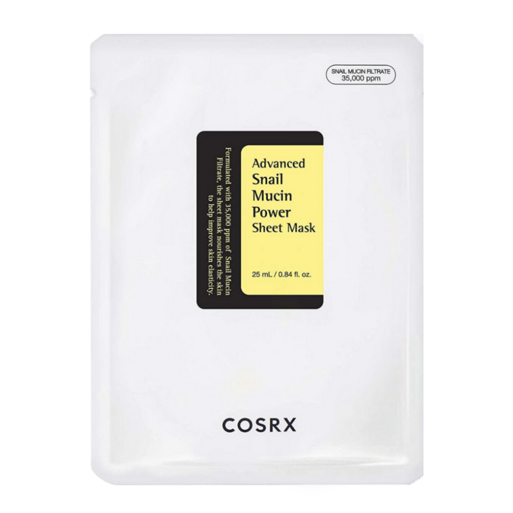 COSRX Advanced Snail Mucin Power Sheet Mask i hvid emballage med sort og gul etiket, beriget med 35.000 ppm snegleekstrakt for fugt, reparation og forbedret hudelasticitet.