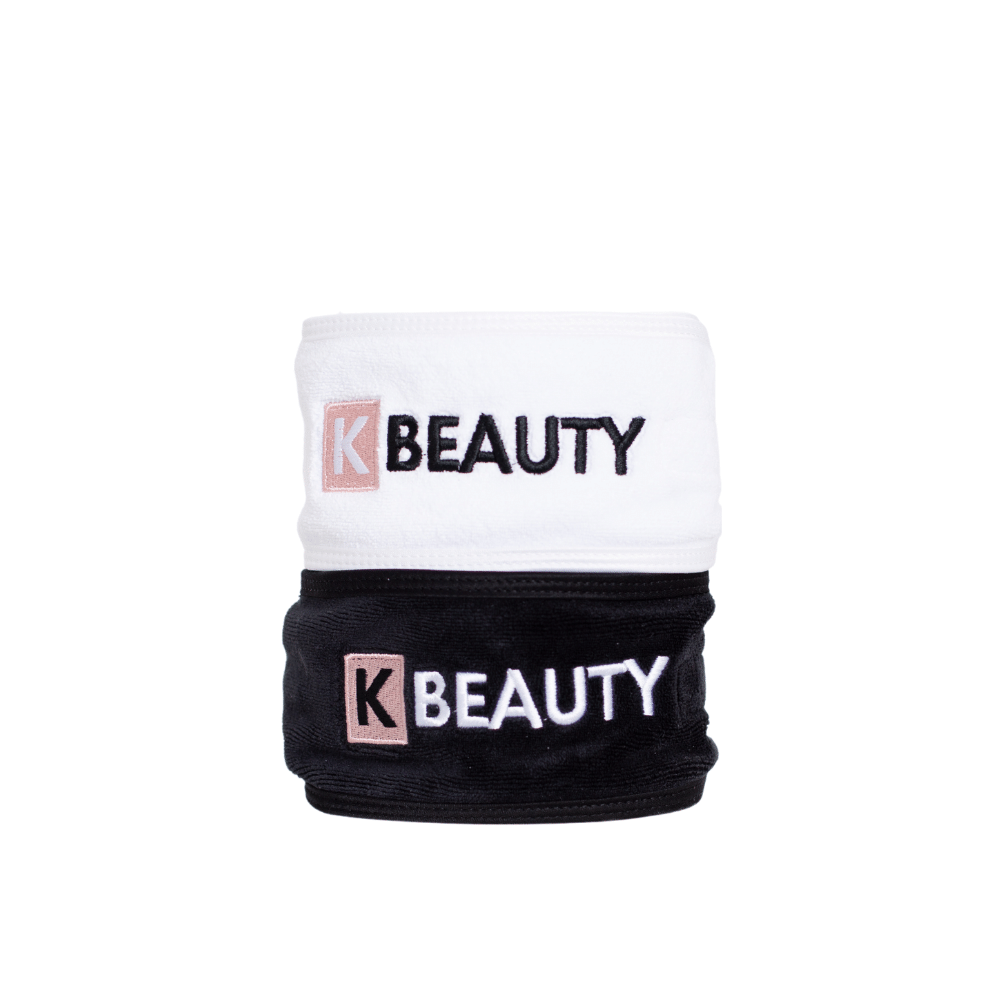 To sort-hvide K-Beauty Makeup Pandebånd med ordet skønhed.